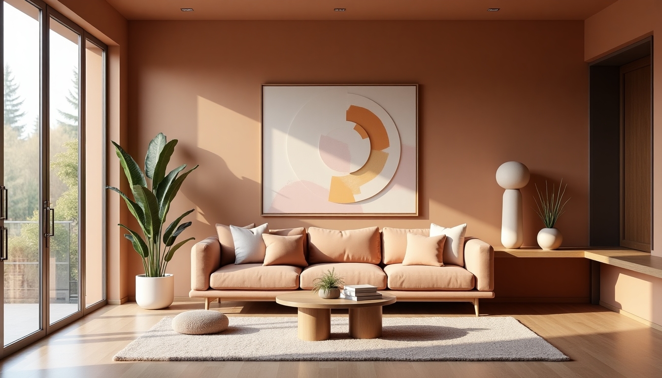 A spacious living room decorated in post-minimalist style with warm textiles and art pieces.