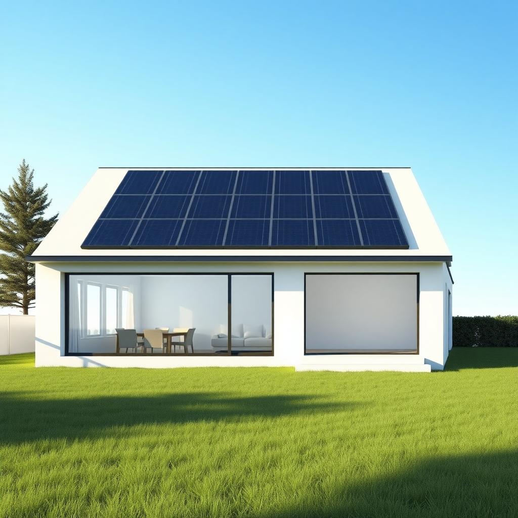 Modernes minimalistisches Haus mit Solarpanels auf dem Dach und großen Fenstern