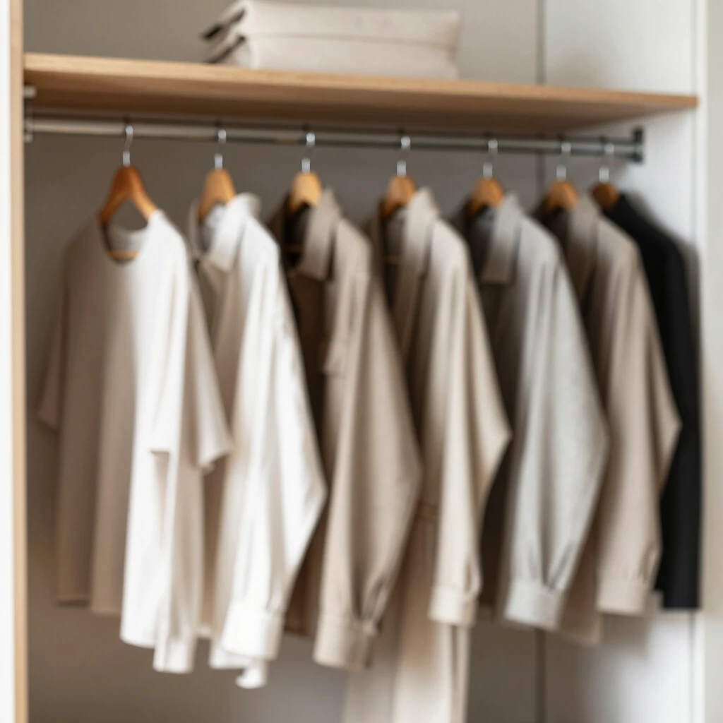 Ein minimalistischer Kleiderschrank mit genau 33 ordentlich sortierten Kleidungsstücken in neutralen Farben, beleuchtet von sanftem Tageslicht