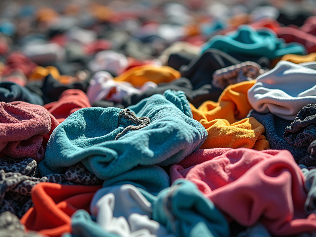 Ein Haufen weggeworfener Kleidung auf einer Mülldeponie, deren leuchtende Farben unter der Sonne verblassen.