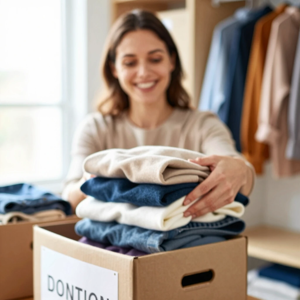 Person räumt Kleiderschrank minimalistisch auf mit Spendenkartons