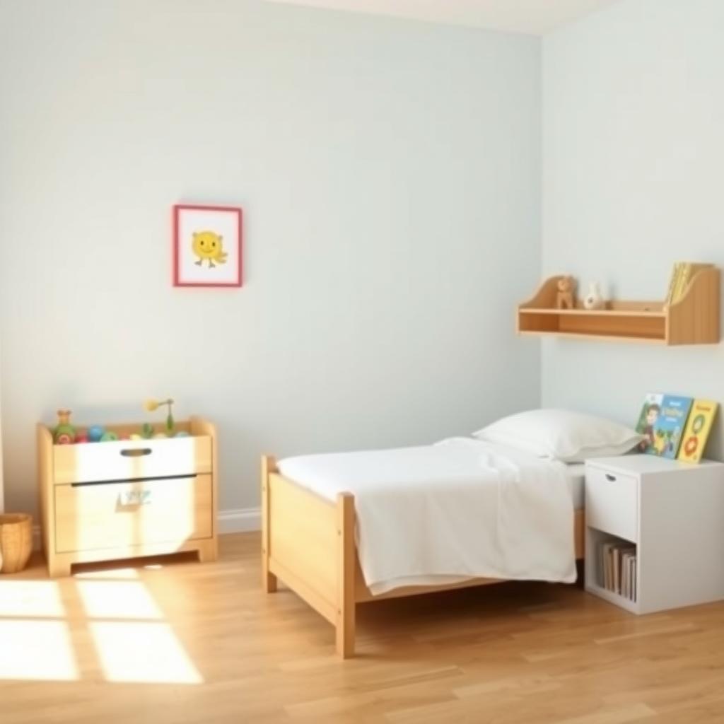 Ein aufgeräumtes Kinderzimmer mit einem Bett, einer kleinen Spielzeugkiste und einem Regal mit wenigen Büchern.