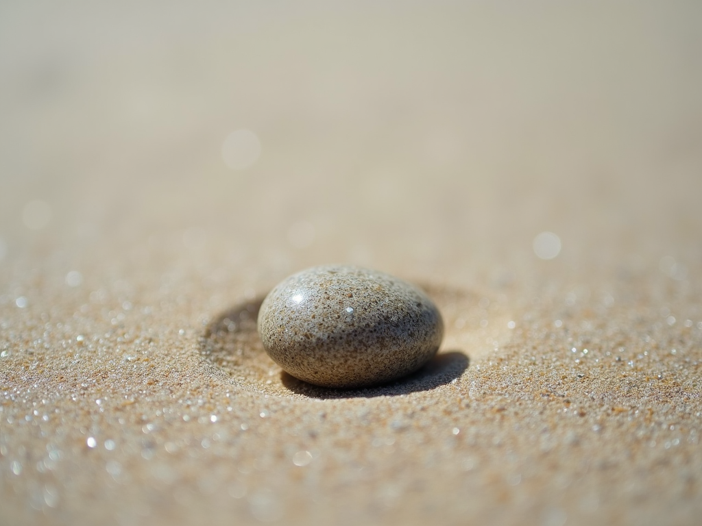Eine Makroaufnahme eines einzelnen Kieselsteins auf einem Bett aus glattem, einheitlichem Sand.