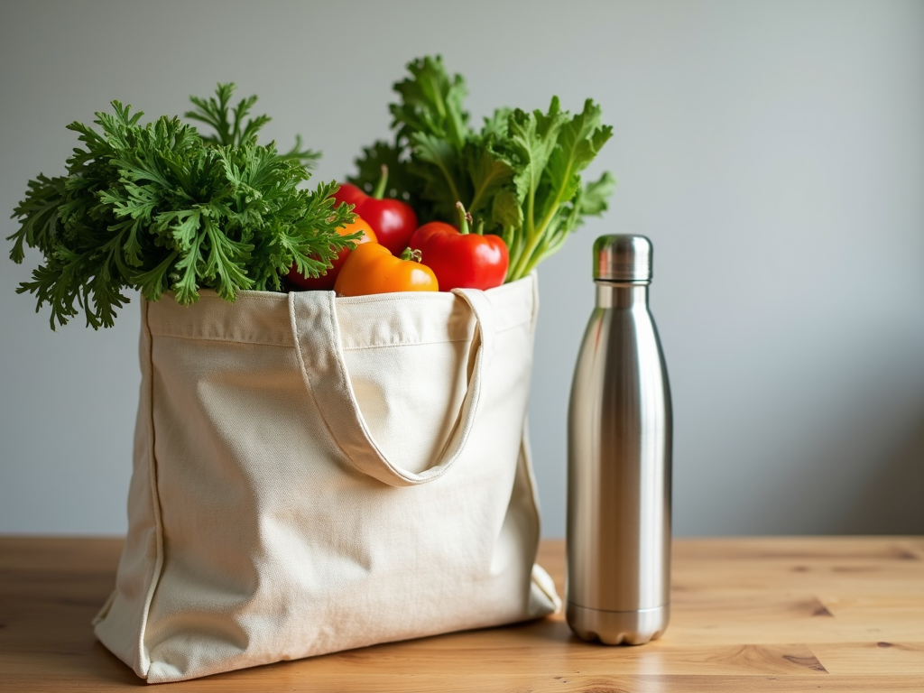 Stofftasche mit Gemüse und Wasserflasche