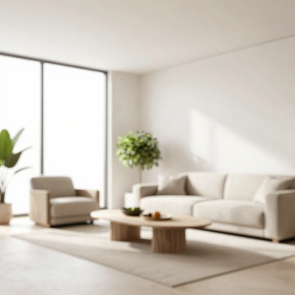 Minimalistisches Wohnzimmer mit neutralen Farben, wenigen Möbeln und viel natürlichem Licht