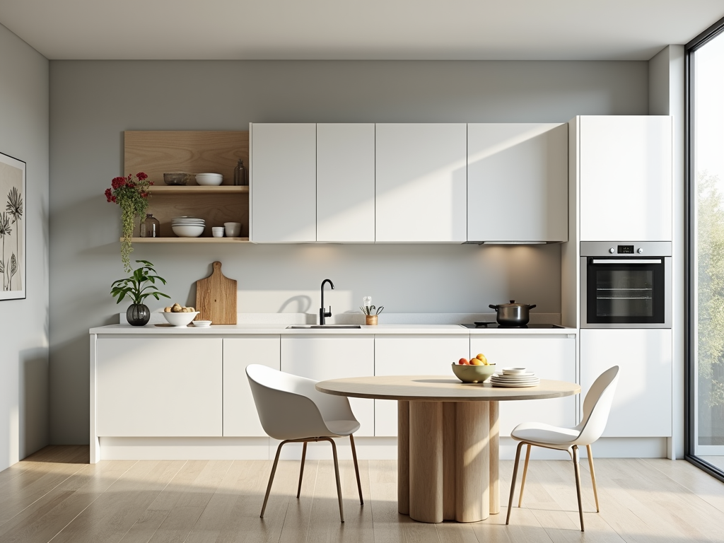 Minimalistische Küche mit schlanken Schränken und viel natürlichem Licht
