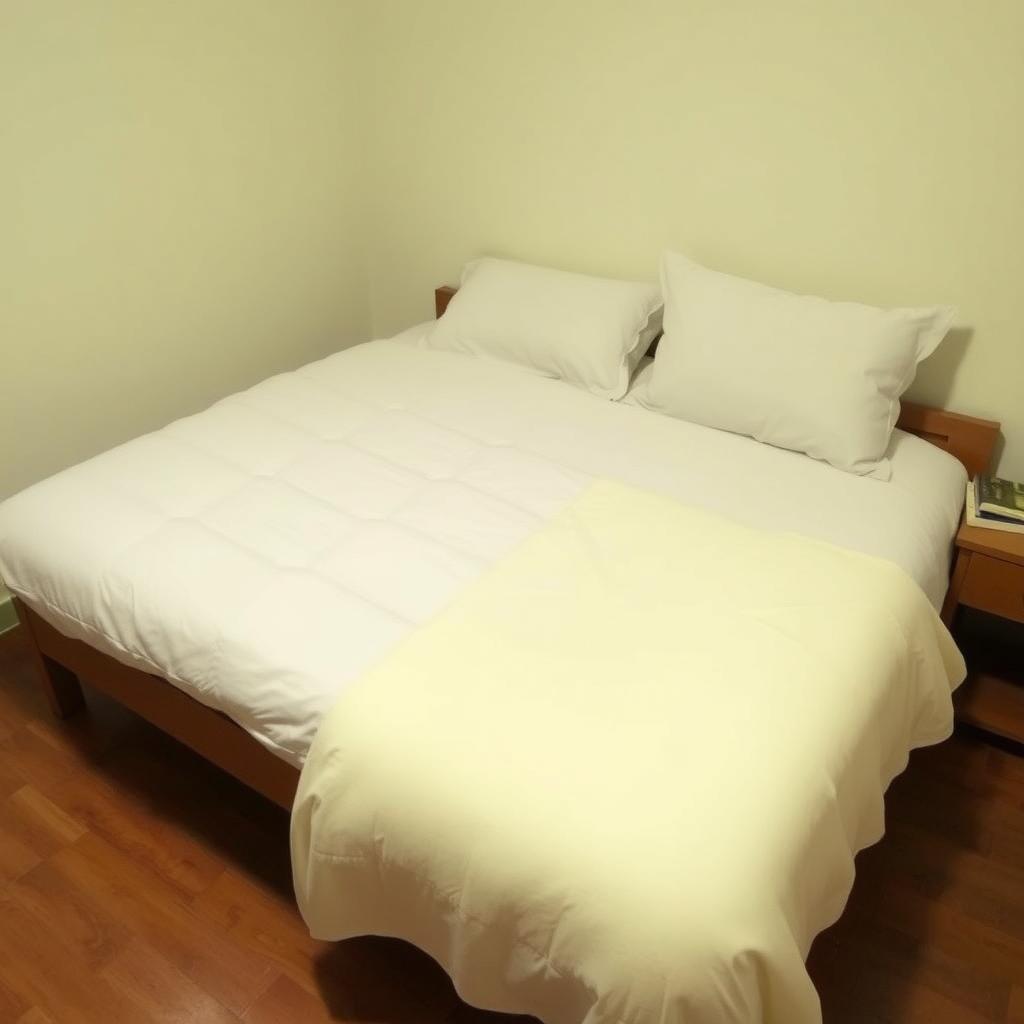 Ordentlich gemachtes Bett in minimalistischem Schlafzimmer.