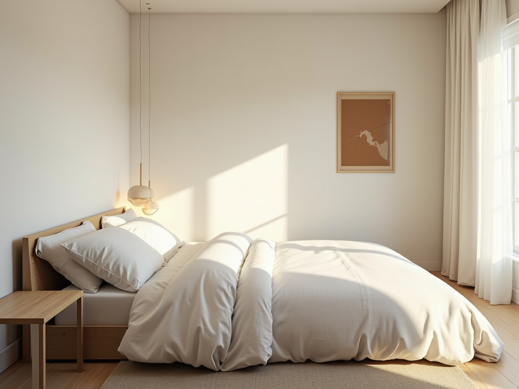 Ein minimalistisches Schlafzimmer mit einem einfachen Bett und wenig Dekoration.