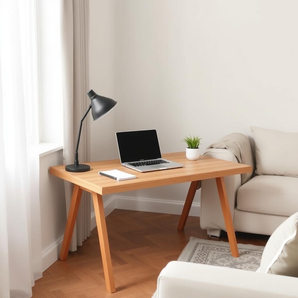 Ein minimalistischer Arbeitsplatz in einer Wohnzimmerecke mit einem Holzschreibtisch, Laptop, Notizbuch und einer kleinen Pflanze.