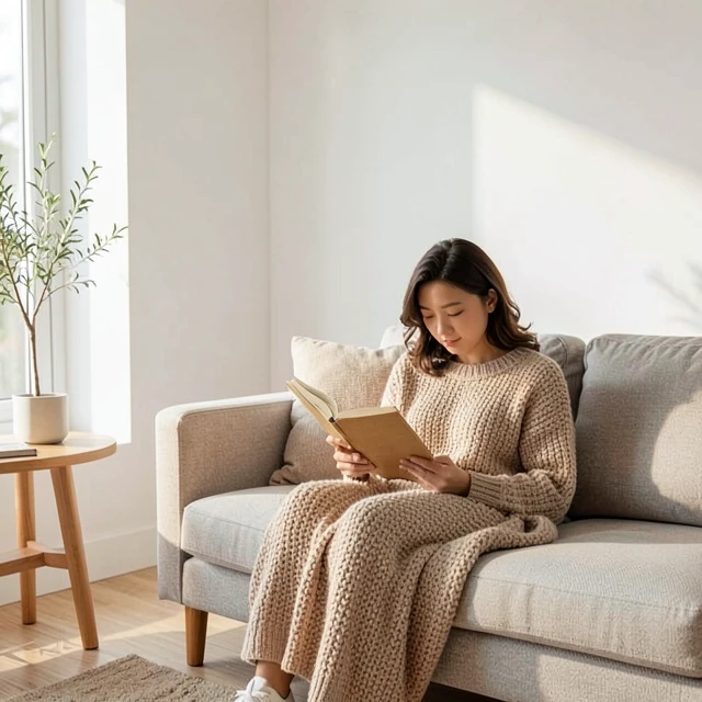 Person liest in einem minimalistischen Wohnzimmer ein Buch