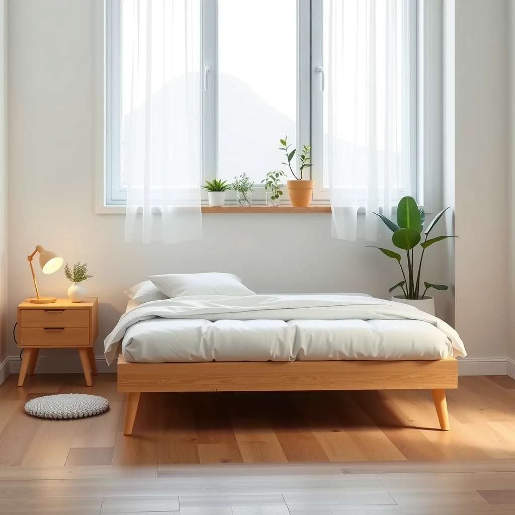 Ruhiges skandinavisches minimalistisches Schlafzimmer mit hellen Holzmöbeln und Pflanzen