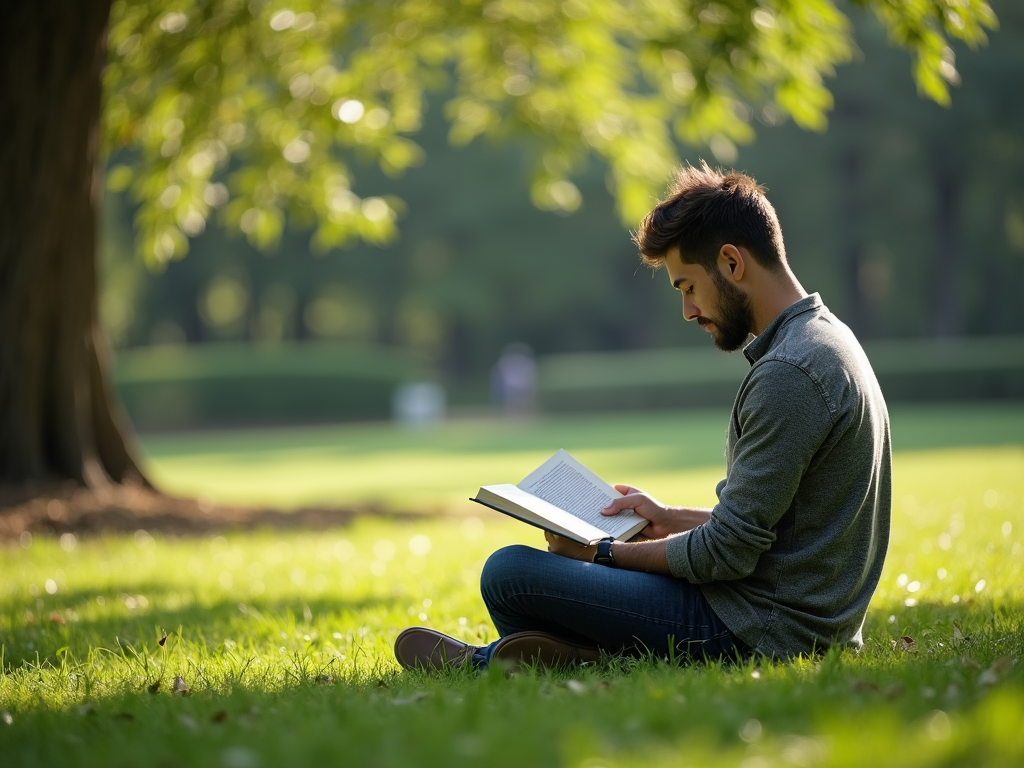 Person liest ein Buch im Park ohne digitale Geräte