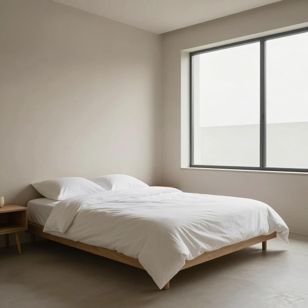 Ruhiges minimalistisches Schlafzimmer in Beige- und Weißtönen mit niedrigem Bett und großem Fenster