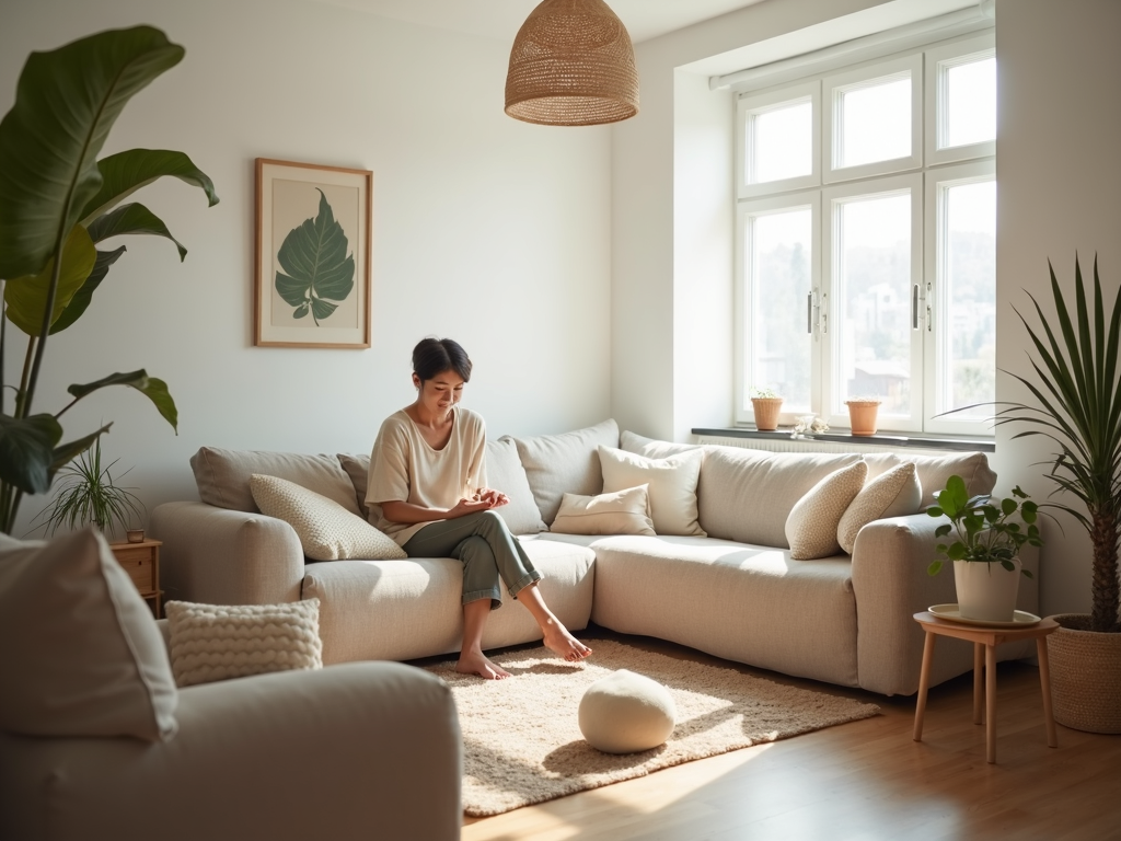 Eine Person, die einen einfachen, aufgeräumten Wohnraum mit natürlichem Licht und minimaler Dekoration genießt, was die Ruhe und Nachhaltigkeit des Minimalismus widerspiegelt.
