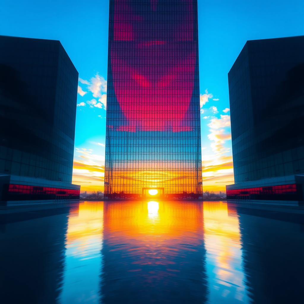 Modernes Glas-Hochhaus, das einen lebendigen Sonnenuntergang reflektiert, in Ein-Punkt-Perspektive aufgenommen, mit vertikalen Linien, die zu einem Fluchtpunkt am Himmel führen, und einer ruhigen Wasseroberfläche im Vordergrund.