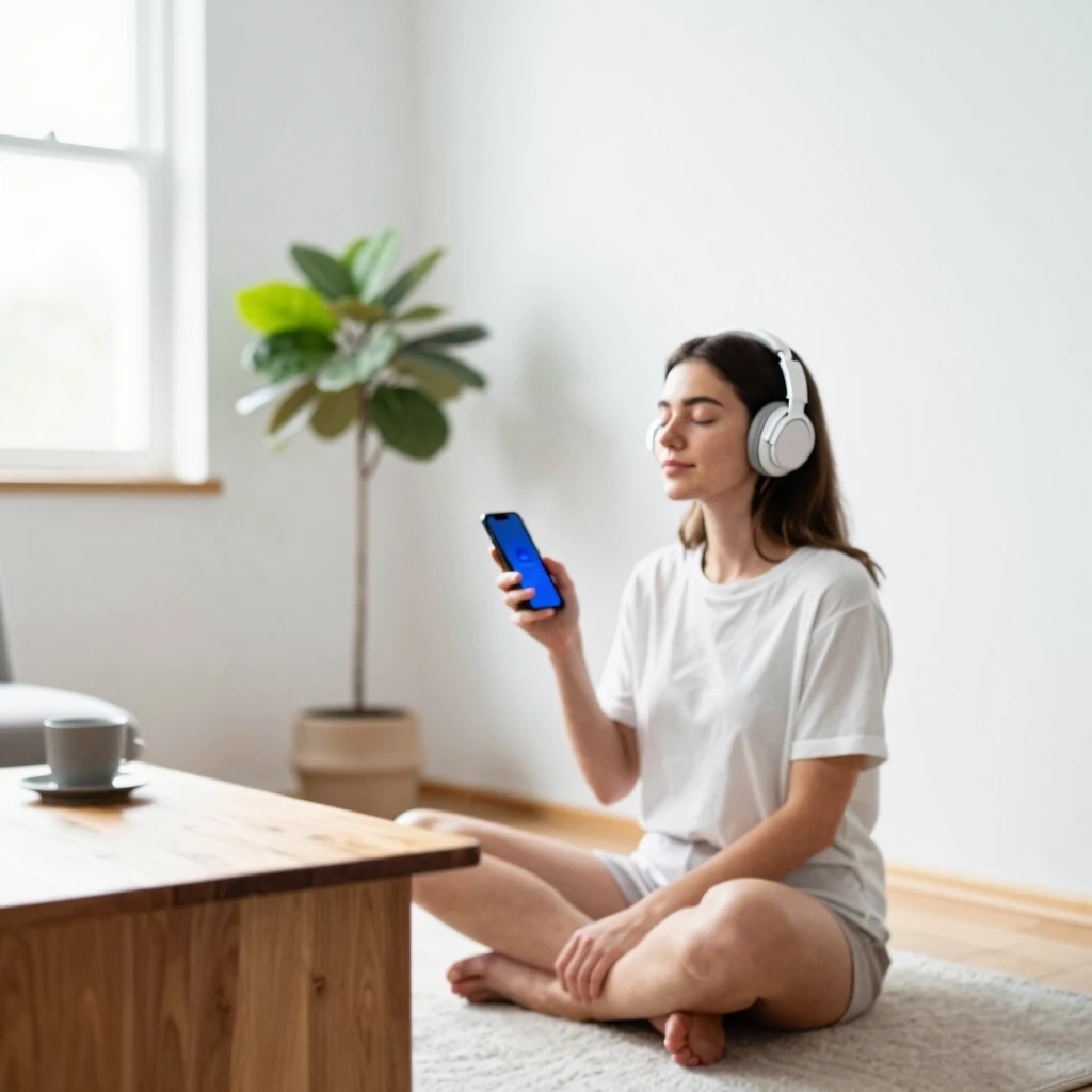 Frau hört entspannt Minimalismus Podcast in minimalistischem Wohnzimmer