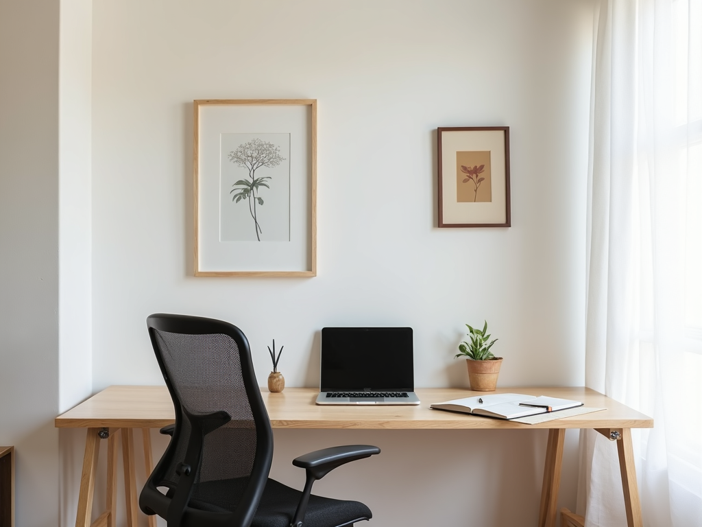 Minimalistisches Homeoffice mit einfachem Schreibtisch und ergonomischem Stuhl