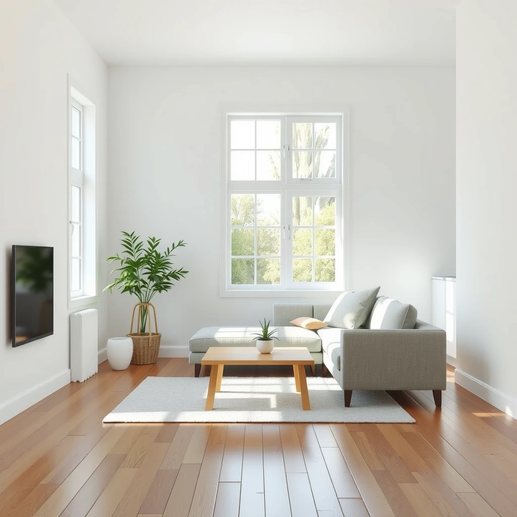 Ein ruhiges, minimalistisches Wohnzimmer mit weißen Wänden, Holzboden, einem Sofa, einem kleinen Tisch und einer Pflanze – viel Raum und natürliches Licht