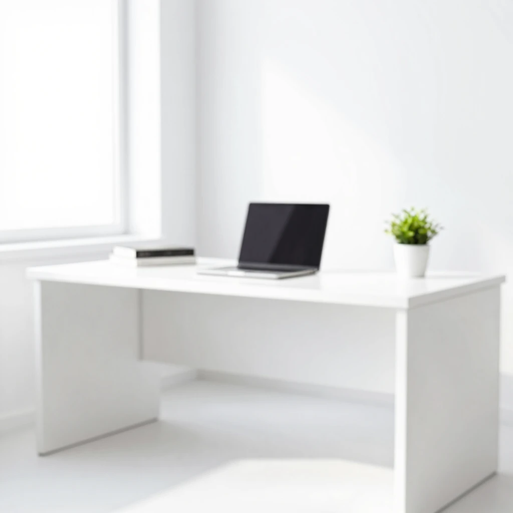Minimalistischer weißer Schreibtisch mit Laptop, Büchern und einer Topfpflanze in hellem Tageslicht
