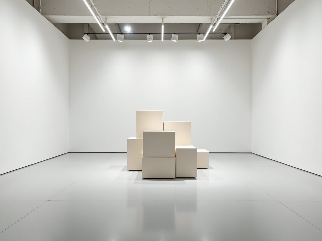 Galerieraum mit einer minimalistischen Skulptur aus geometrischen Formen.