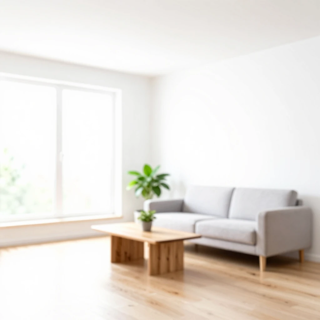 Ein ruhiger, minimalistischer Wohnraum mit weißen Wänden, hellem Holzboden, gemütlichem Sofa und wenigen Pflanzen – Symbol für Ordnung und Gelassenheit
