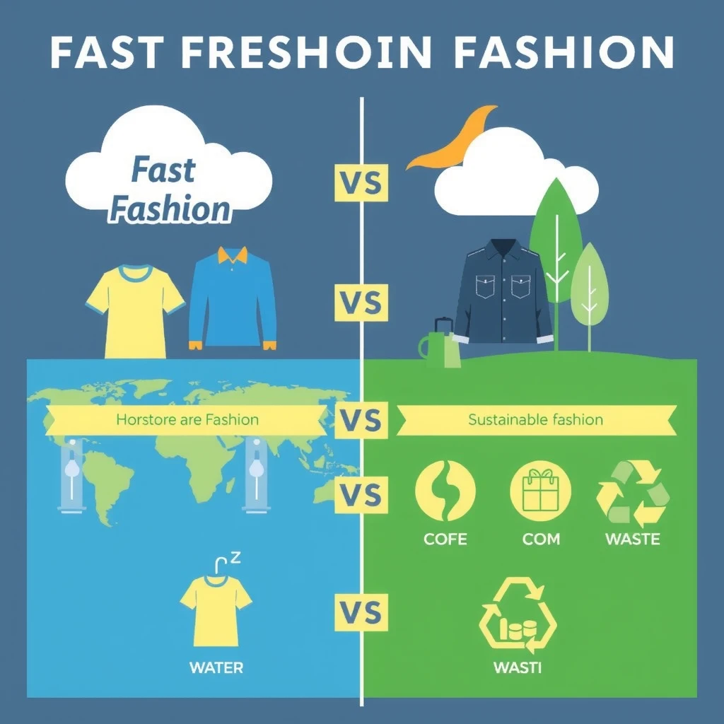 Infografik, die den Umweltimpact von Fast Fashion im Vergleich zu nachhaltiger Mode zeigt, mit Symbolen für Wasserverbrauch, CO₂-Emissionen und Abfall