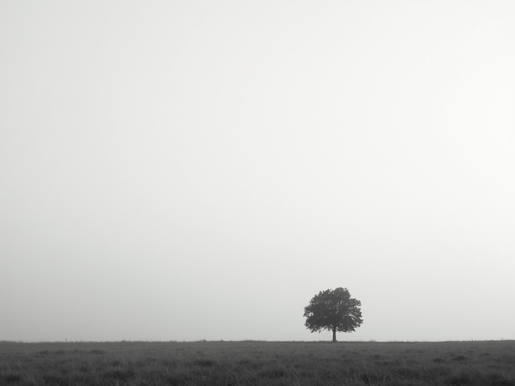 Minimalistisches Foto eines einzelnen Baums vor einem weiten, leeren Himmel in sanften Grautönen.