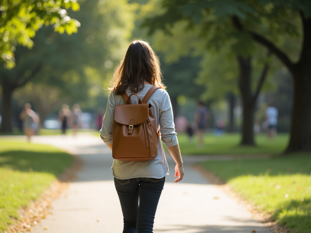 Eine Person, die mit einem einfachen Rucksack in einem Park spaziert.