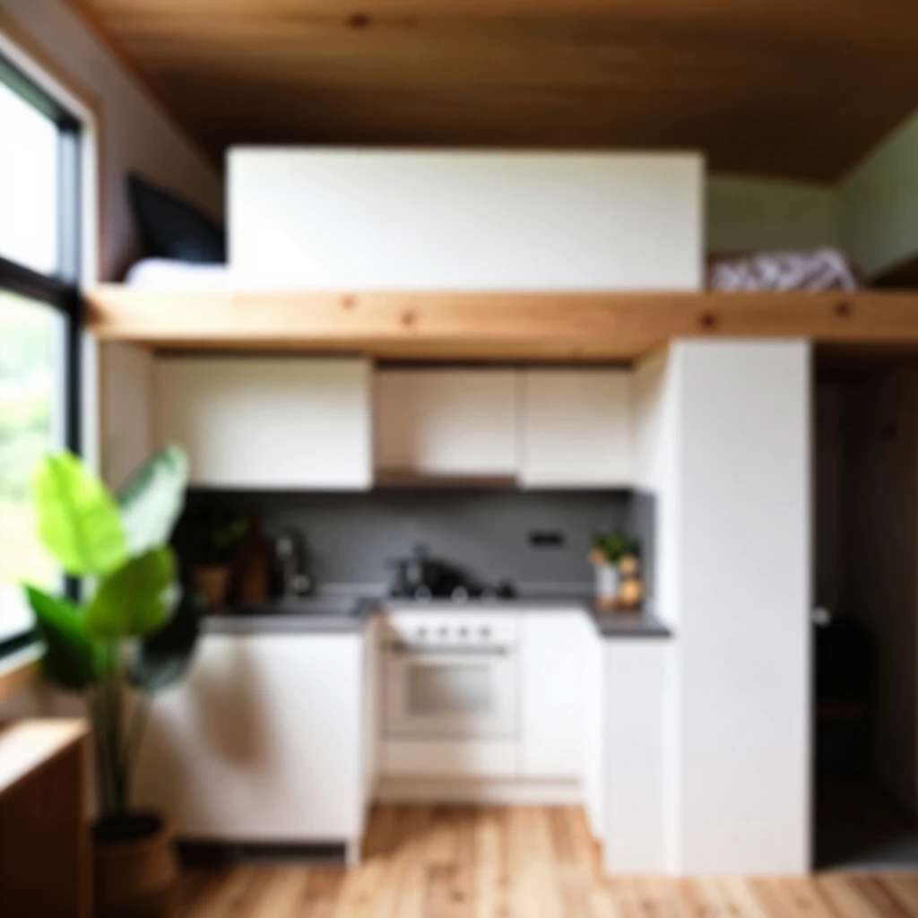 Innenraum eines Tiny Houses: Offener Wohn- und Küchenbereich mit Loft-Bett und Pflanzen