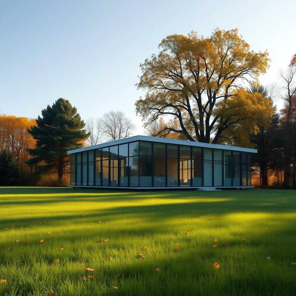 Das Farnsworth House von Ludwig Mies van der Rohe in Illinois, USA, ein minimalistisches Glasgebäude in einer grünen Wiese, umgeben von Herbstbäumen.