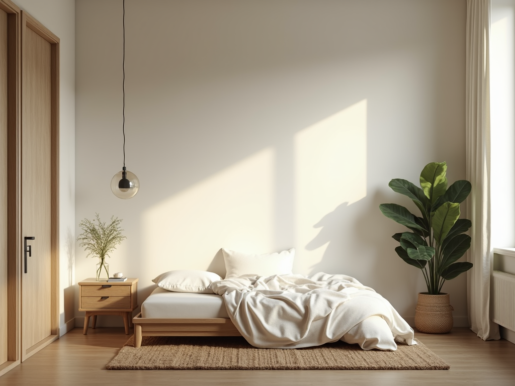 Ein gemütliches, minimalistisches Schlafzimmer mit Bett, Nachttisch und Pflanze