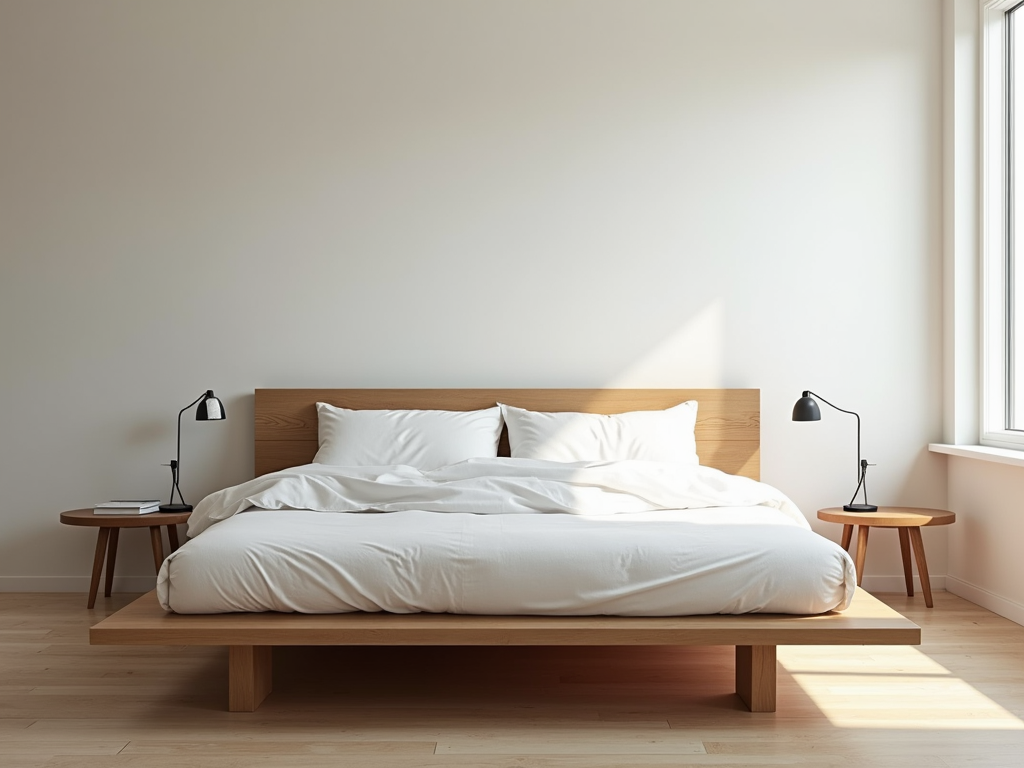 Ein minimalistisches Schlafzimmer mit einem niedrigen Holzbett und einer Lampe.