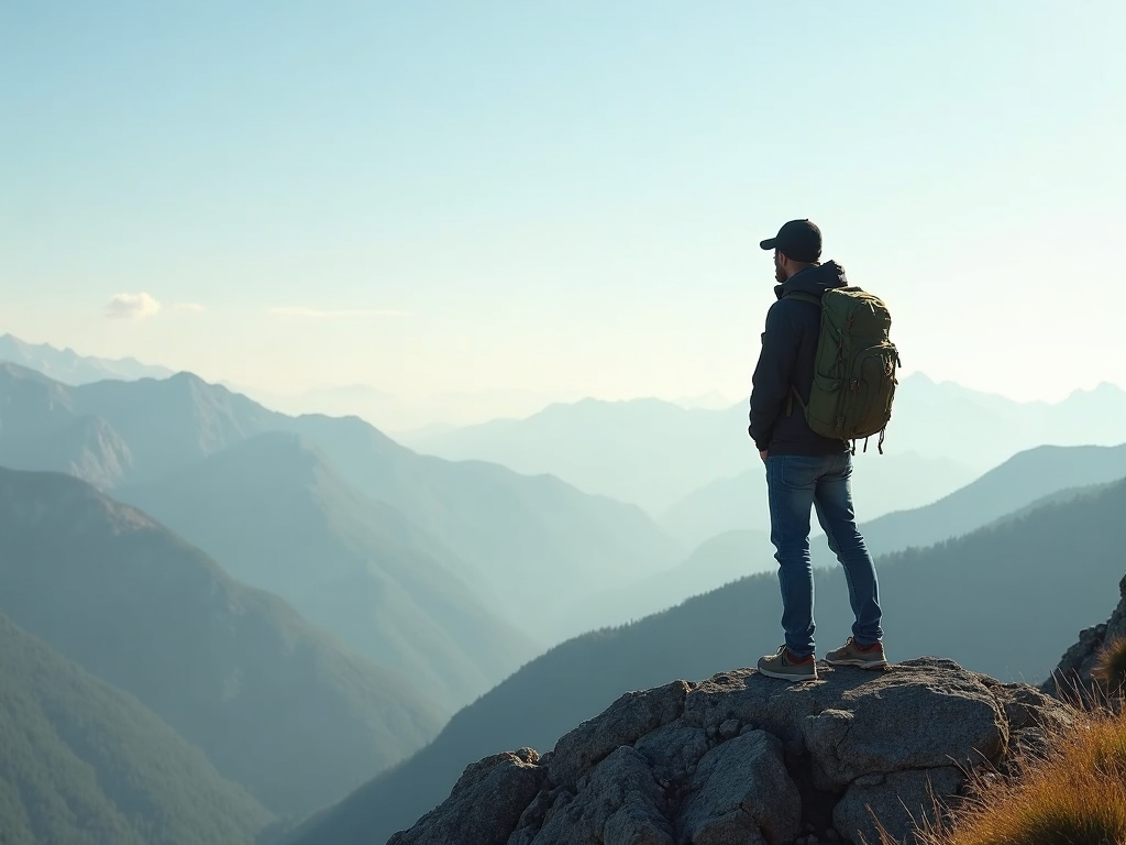 Ein Reisender mit einem kleinen Rucksack steht auf einem Berggipfel und blickt auf eine weite Landschaft mit klarem Himmel.