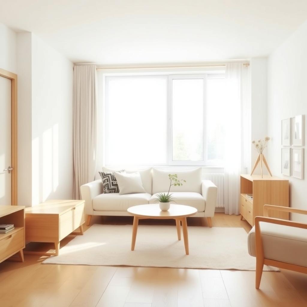 Ein minimalistisches Wohnzimmer mit hellem Holzmobiliar, einem gemütlichen weißen Sofa, einer einzelnen Topfpflanze auf einem kleinen Tisch und weichem Tageslicht, das durch ein großes Fenster fällt.