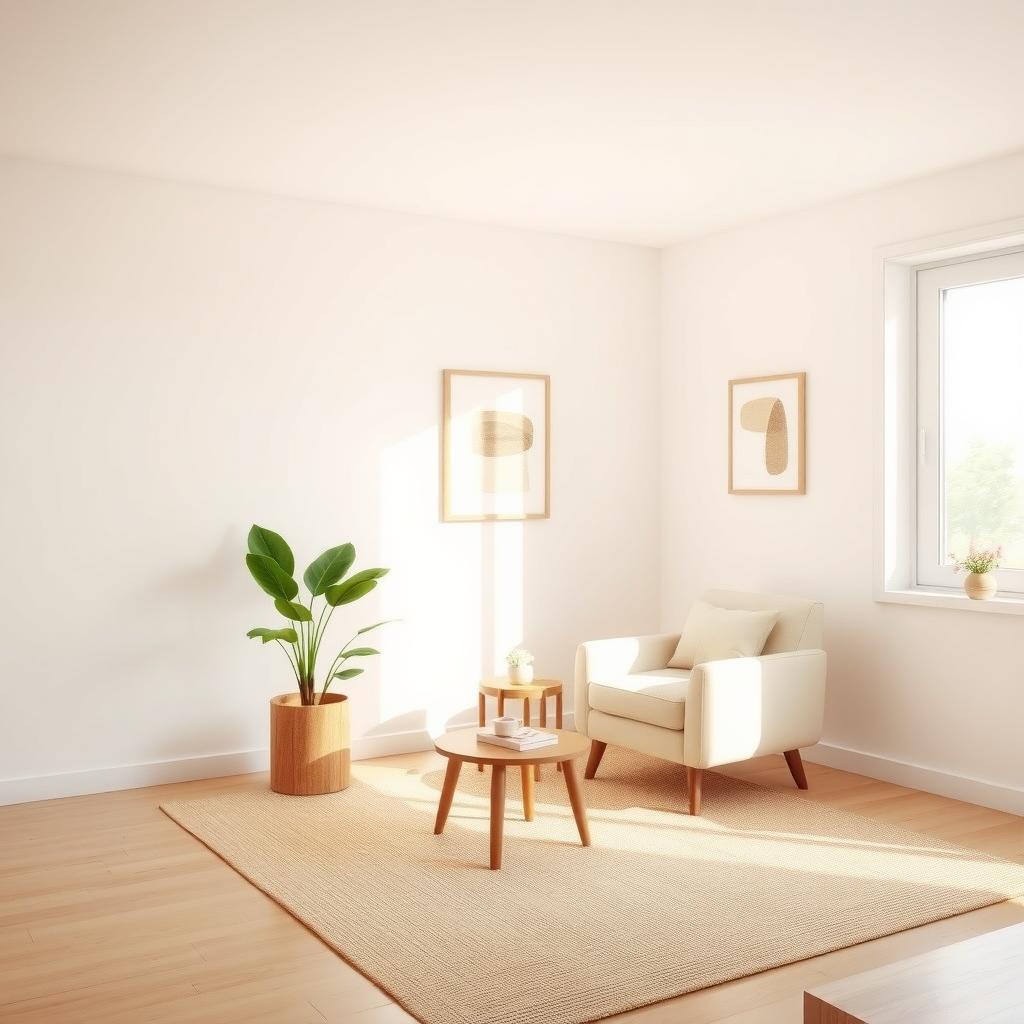 Ein minimalistischer Wohnraum mit einem gemütlichen Sessel, einem kleinen Holztisch und einer Topfpflanze in der Ecke, beleuchtet von weichem Tageslicht.