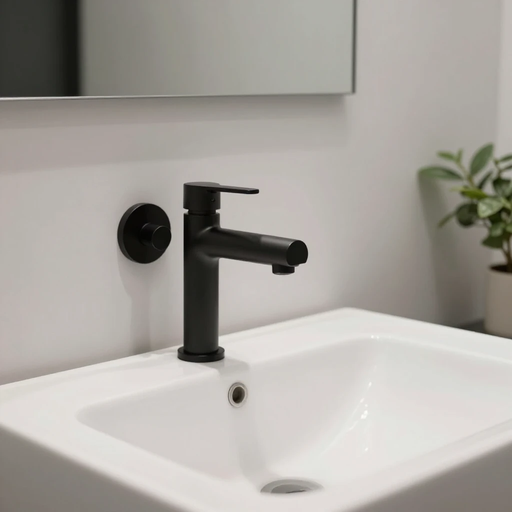 Minimalistische Badezimmerarmaturen mit wandmontiertem Wasserhahn und rechteckigem Waschbecken