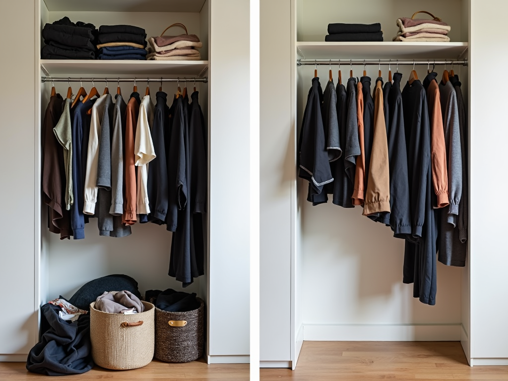 Vergleich: links ein überfüllter Kleiderschrank, rechts ein minimalistischer Kleiderschrank.