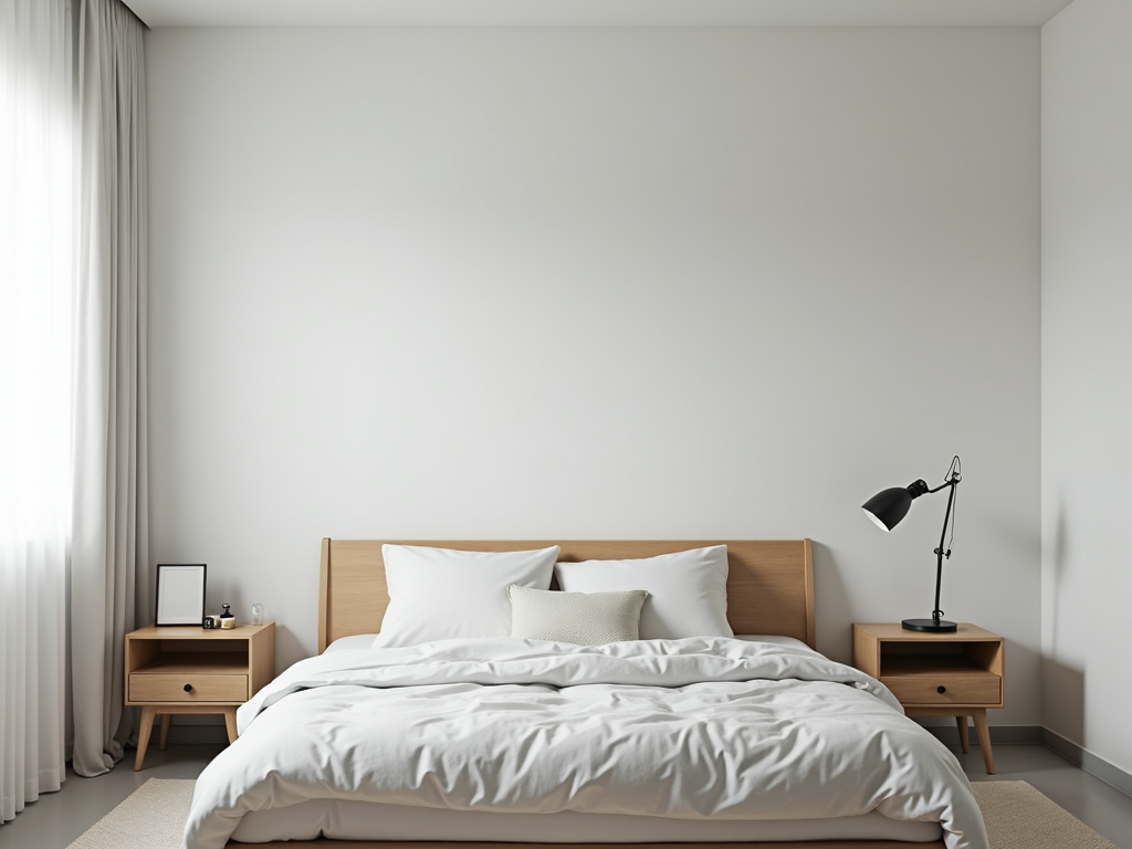 Minimalistisches Schlafzimmer mit Bett, Nachttisch und Lampe
