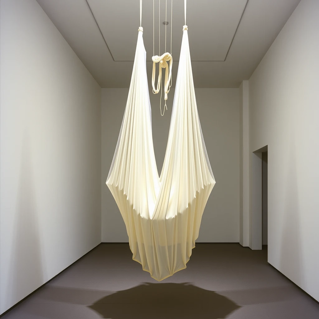 Eva Hesses Skulptur 'Hang-Up' mit hängenden Latex-Formen in einer Galerie