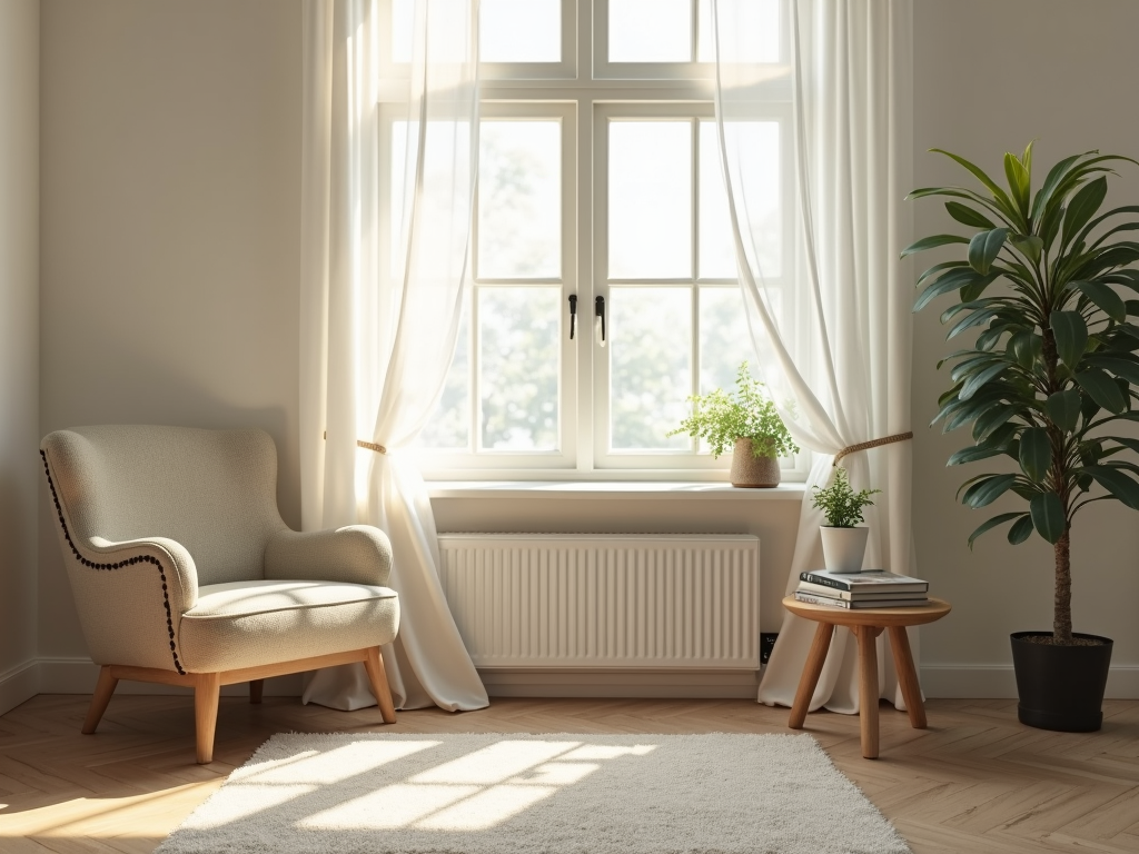 Ein ruhiger, aufgeräumter Wohnraum mit einem einzelnen Stuhl, einem kleinen Tisch mit einer Pflanze und weichem natürlichem Licht, das durch das Fenster strömt
