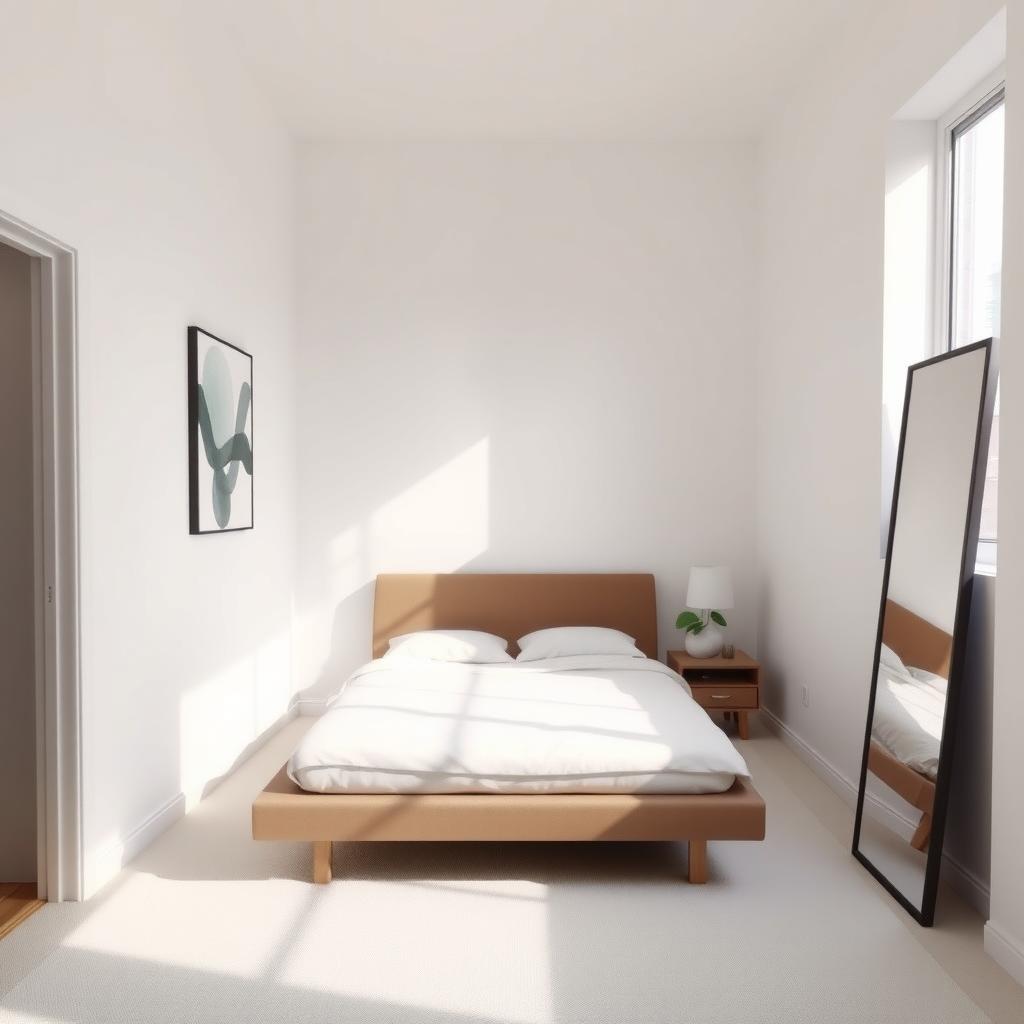 Minimalistisches Schlafzimmer mit niedrigem Plattformbett, weißer Wand, großem Spiegel und einer kleinen Nachttischlampe.
