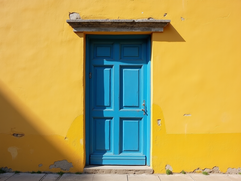 Eine blaue Tür an einer gelben Wand, aufgenommen im sanften Morgenlicht, hebt Farbe und Textur hervor.