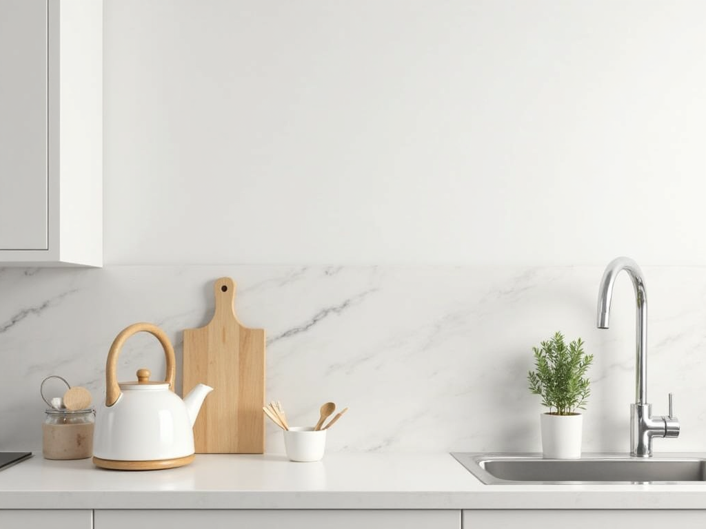Minimalistische Küche mit sauberer Arbeitsfläche und kleinem Kräutertopf