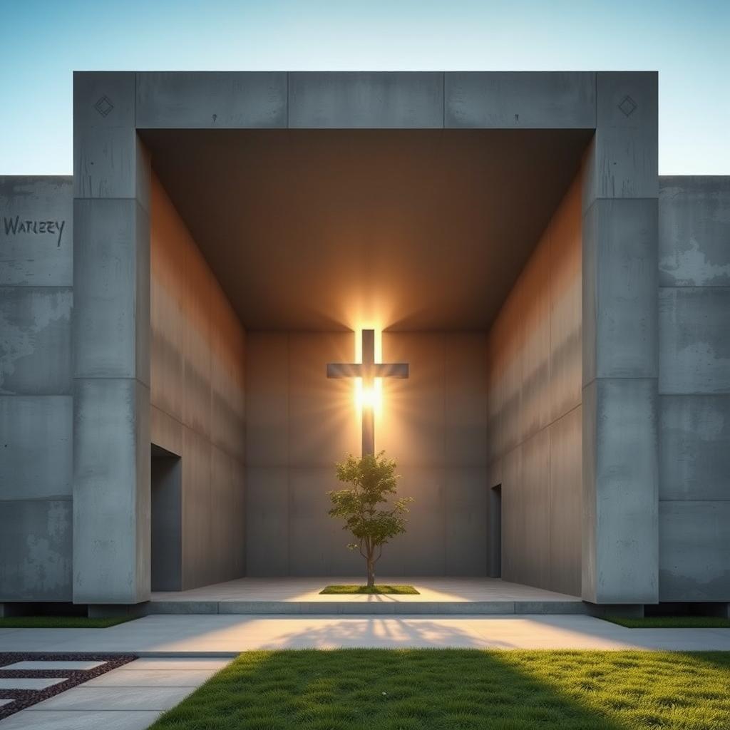 Die Kirche des Lichts von Tadao Ando in Osaka, Japan, mit einem kreuzförmigen Lichteinfall in einem minimalistischen Betonbau, beleuchtet durch weiches Sonnenlicht.