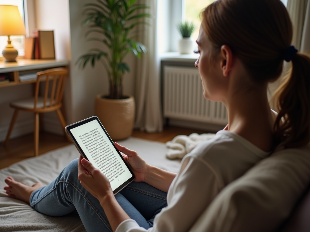 Person liest E-Book in einem aufgeräumten Raum