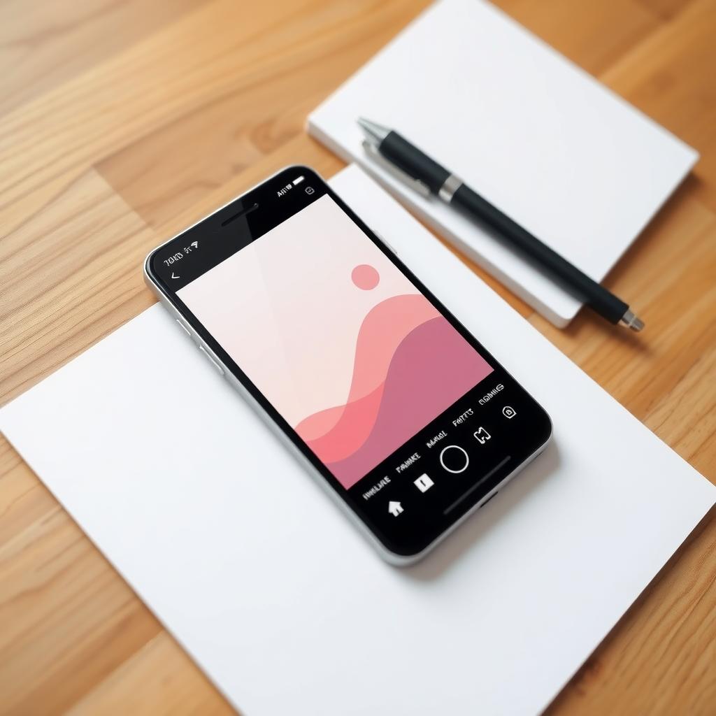 Smartphone auf Holztisch zeigt Bildbearbeitungs-App mit Minimalismus-Wallpaper in Arbeit