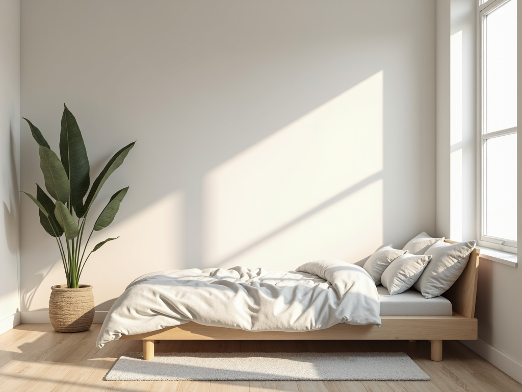 Minimalistisches Schlafzimmer mit einem niedrigen Bett und einer einzelnen Pflanze