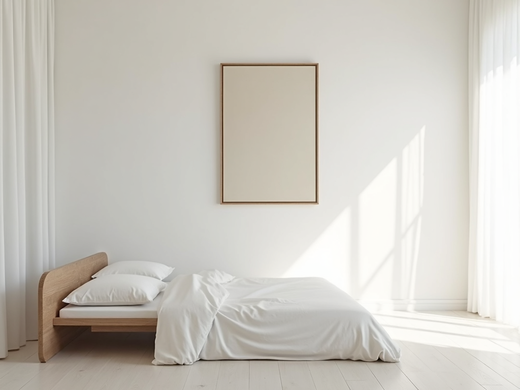 Minimalistisches Schlafzimmer mit niedrigem Bett und neutraler Farbpalette.