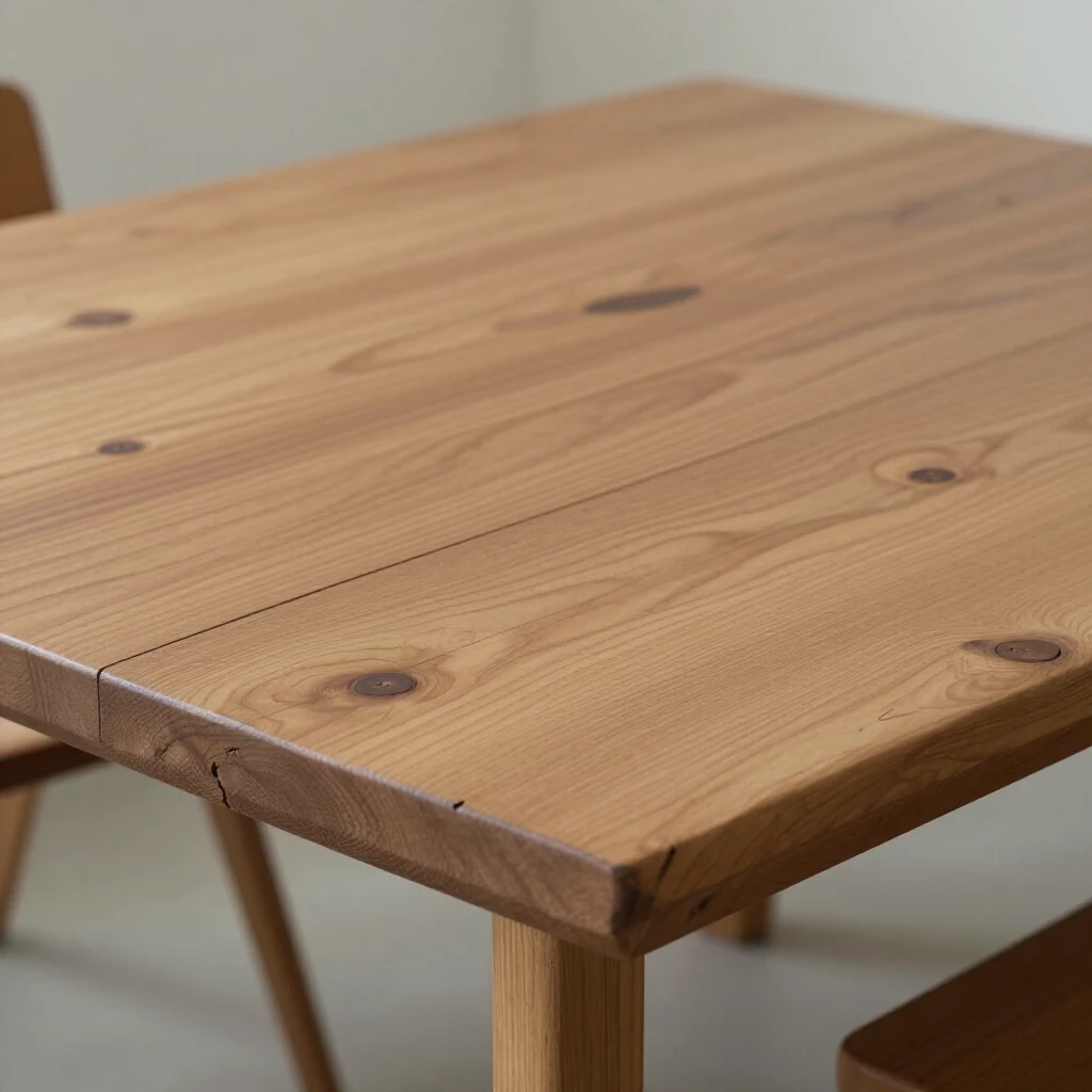 Handgefertigter Holztisch mit natürlicher Maserung, Astlöchern und leichten Unregelmäßigkeiten als Beispiel für Wabi-Sabi-Möbel