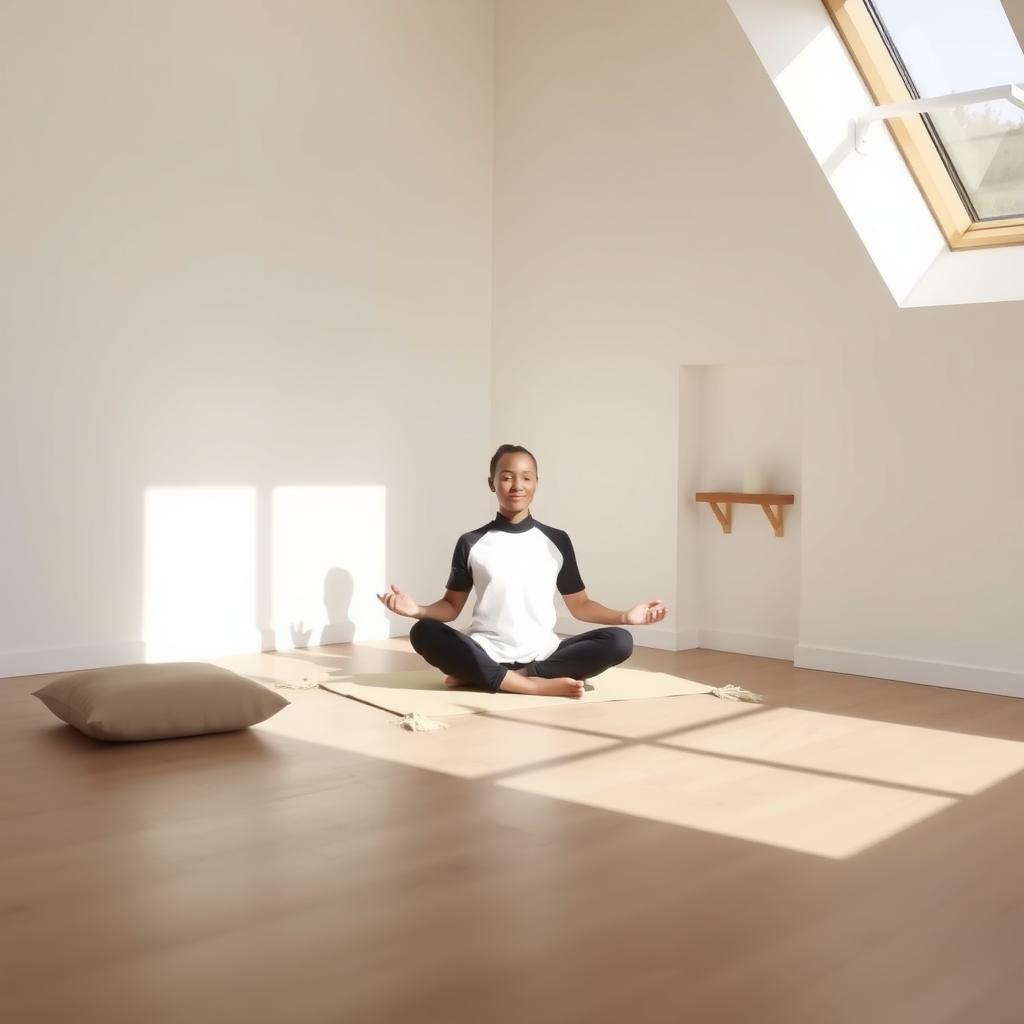 Eine Person meditiert auf einer Matte in einem minimalistischen Raum mit weißen Wänden, einem Kissen und einer Kerze auf einem kleinen Holzregal.